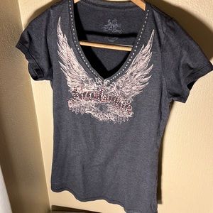 Bee Easy Women’s SS V Neck Bedazzled Nashville Shirt Color Gray Size XL